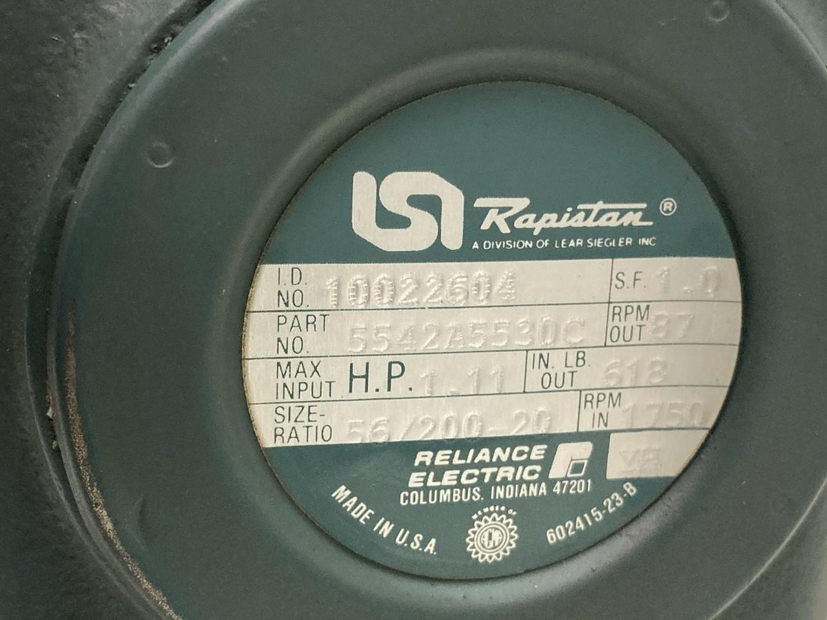 Used Reliance,56/200-20,Right Angle Gear Reducer 1.11HP 1750RPM RATIO 20