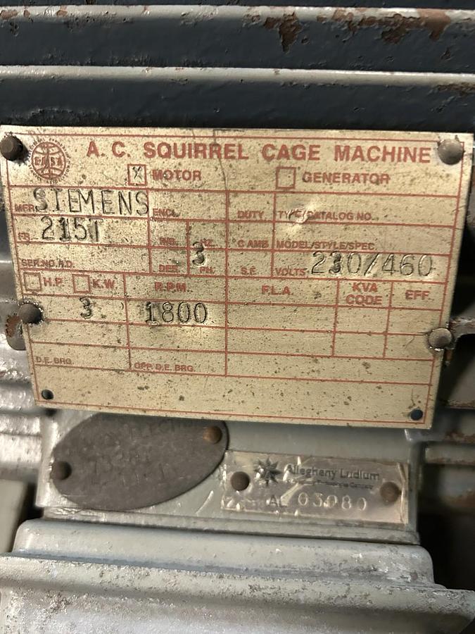 Used SIEMENS,215T,AC MOTOR 3HP 1800RPM 230/460V 3PH 215T FRAME