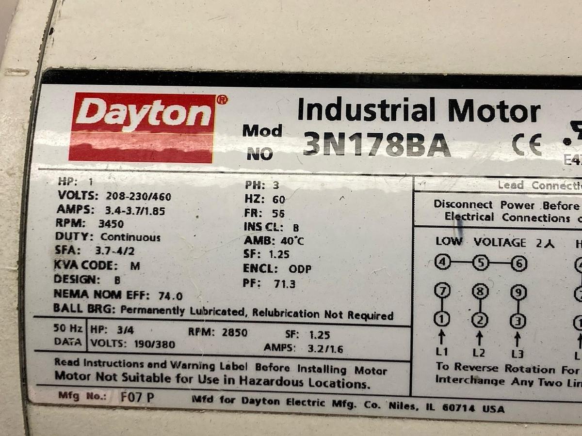 Used Dayton,3N178BA,3-Phase Industrial AC Motor 1 HP 208-230/460V 3450RPM