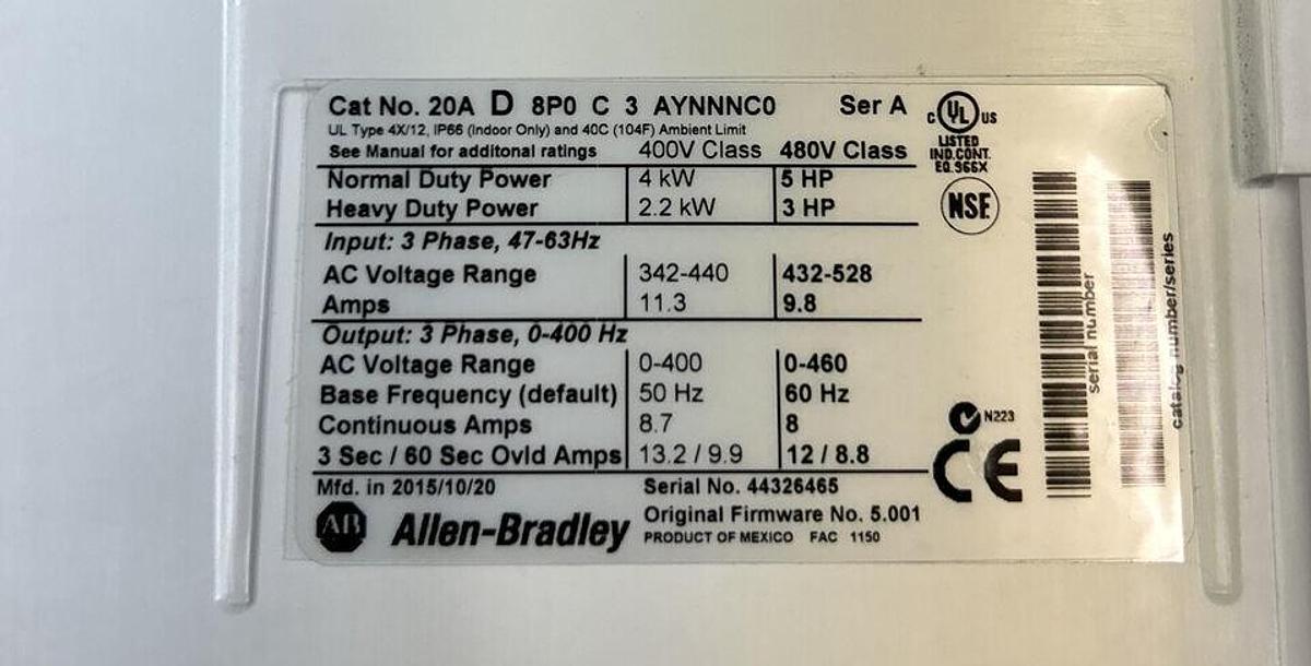 Used ALLEN BRADLEY,20AD8P0C3AYNNNC0,VFD SER A AC DRIVE POWERFLEX 70 3PH 8A 3.7KW 5HP