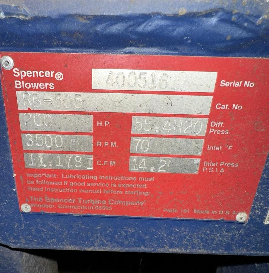 Used Spencer,RB-505,200hp 3500RPM Centrifugal Commercial Blower