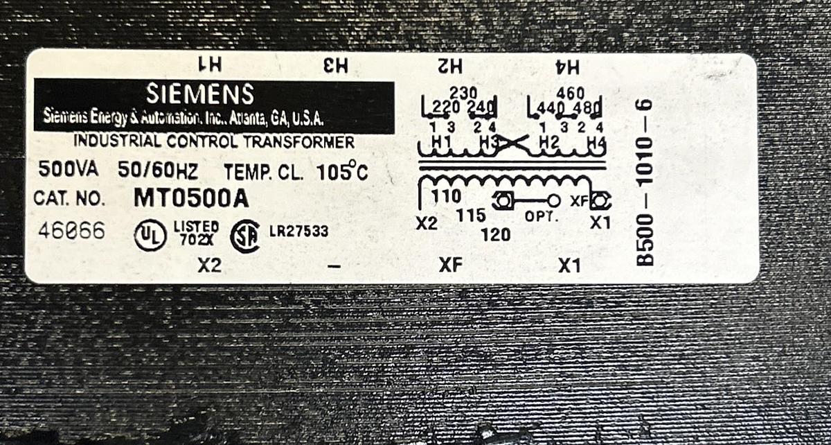 Used SIEMENS,MT0500A,INDUSTRIAL CONTROL TRANSFORMER 500VA 240/480-120V
