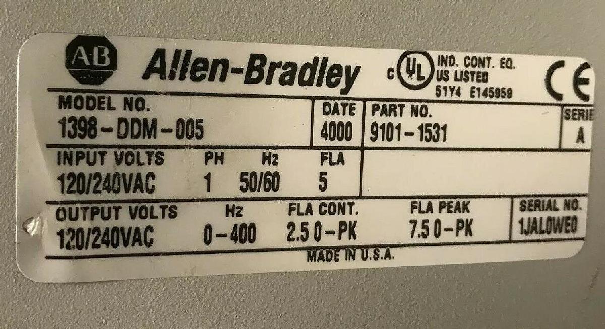 Used Allen Bradley,1398-DDM-005,Ultra Servo Drive 9101-1531 Series A