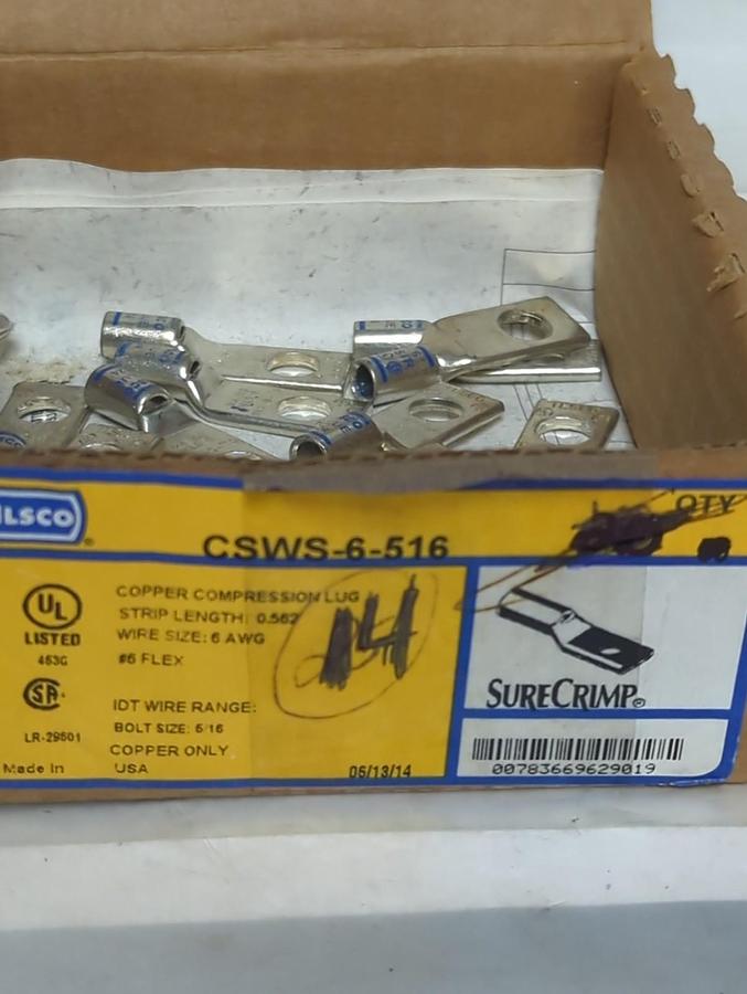 ILSCO,CSWS-6-516,COMPRESSION LUG WIRE SIZE 6 AWG 5/16 BOLT SIZE LOT OF 14 NOS