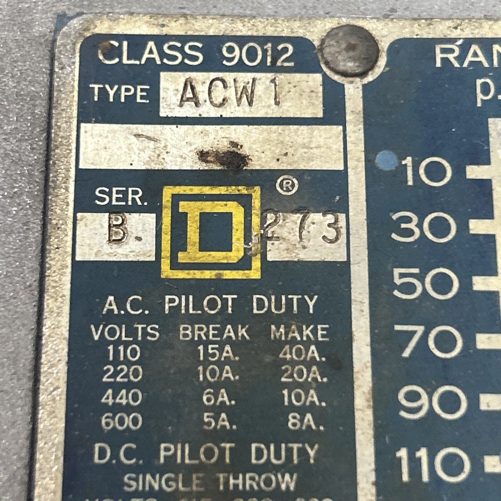 Used SQUARE D,9012ACW1,PRESSURE SWITCH