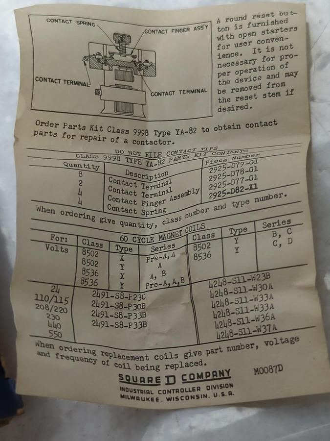 SQUARE D,9998 YA-82,REPLACEMENT CONTACTS NOS