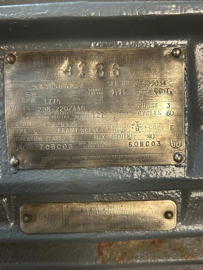 Used GENERAL ELECTRIC,5K365BG237,MOTOR 50HP 1775RPM 440V 3PH 365U FRAME