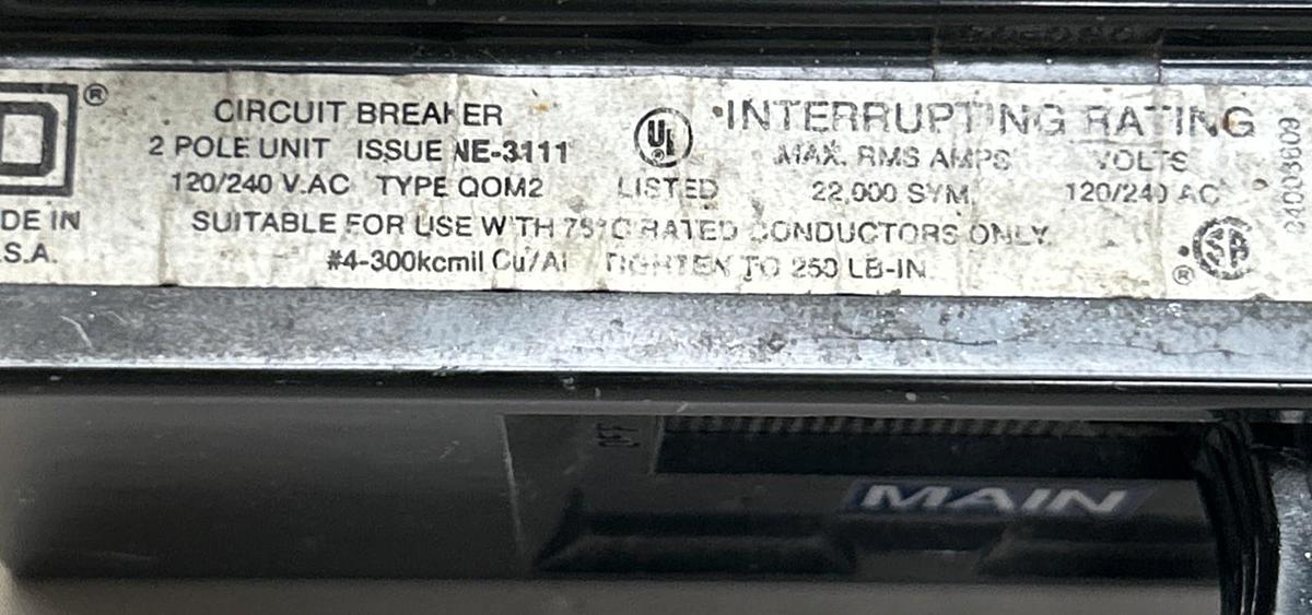 Used SQUARE D,QOM2150,MAIN CIRCUIT BREAKER 150A 120/240V 2P