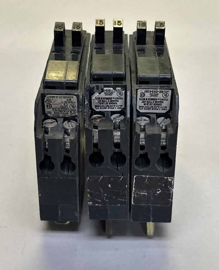 Used SQUARE D,QOT1515,TANDEM CIRCUIT BREAKER 15A 120/240V 2P LOT OF 3