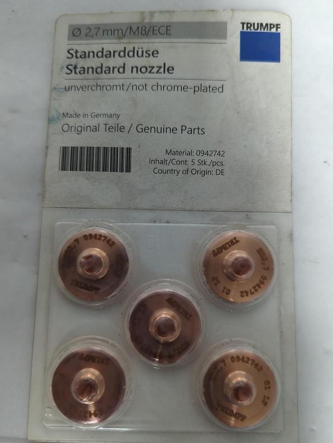 TRUMPF,0942742,CHROME PLATED LASER MACHINE NOZZLE 2.7MM/M8/ECE PACK OF 5 NOS