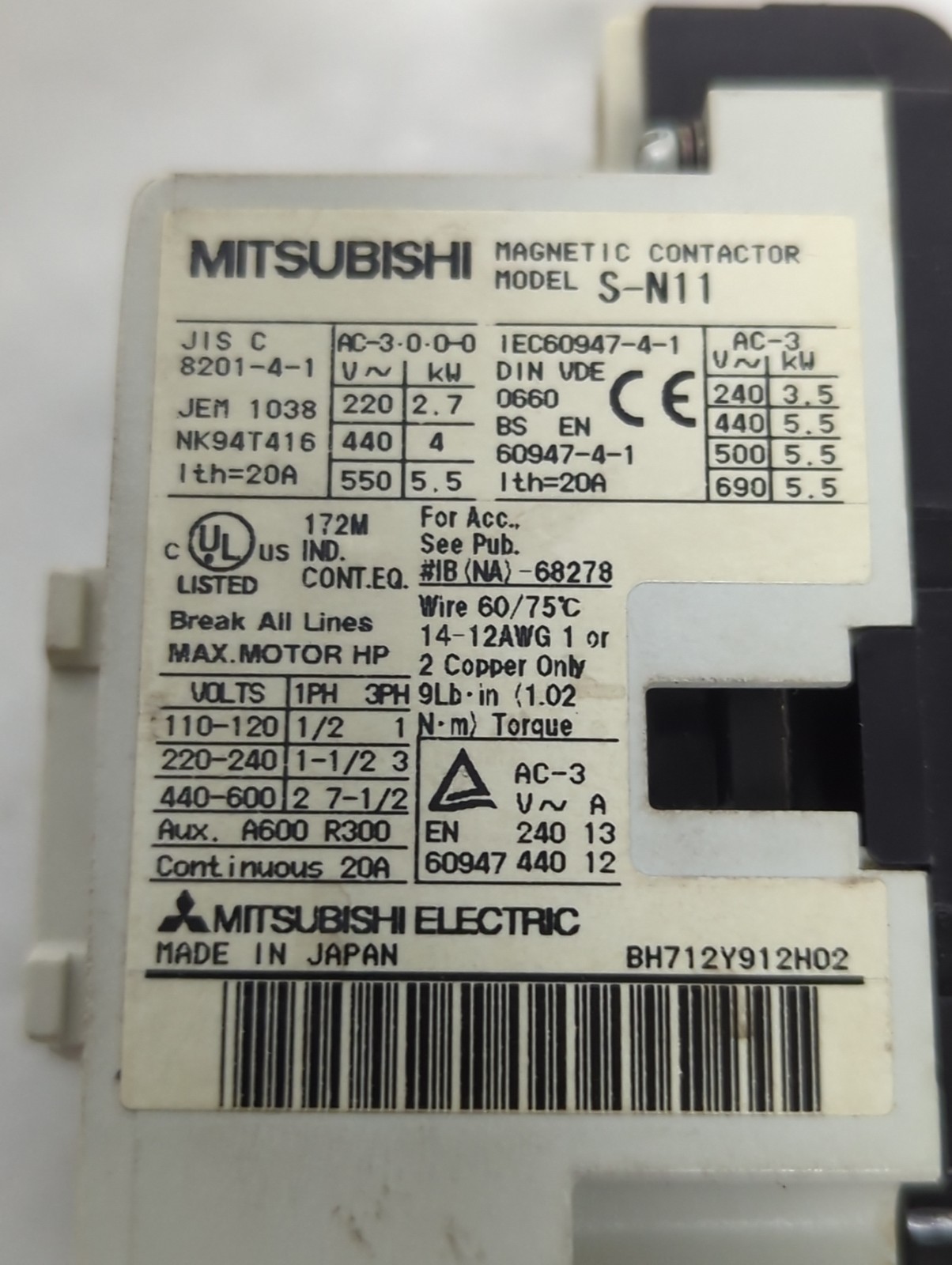 Used MITSUBISHI,S-N11,CONTACTOR PRE-OWNED