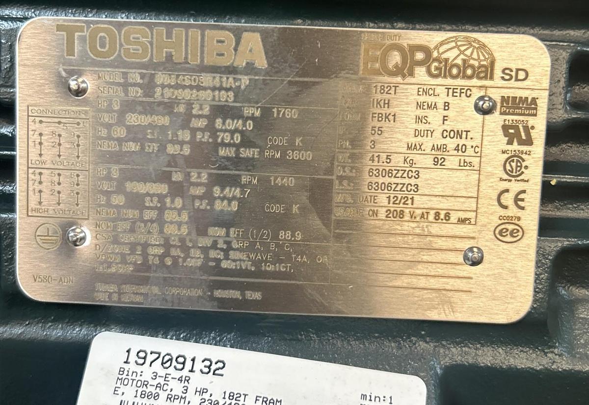 TOSHIBA,0034SDSR41A-P,MOTOR 3HP 1760RPM 230/460V 3PH 182T FRAME NOS