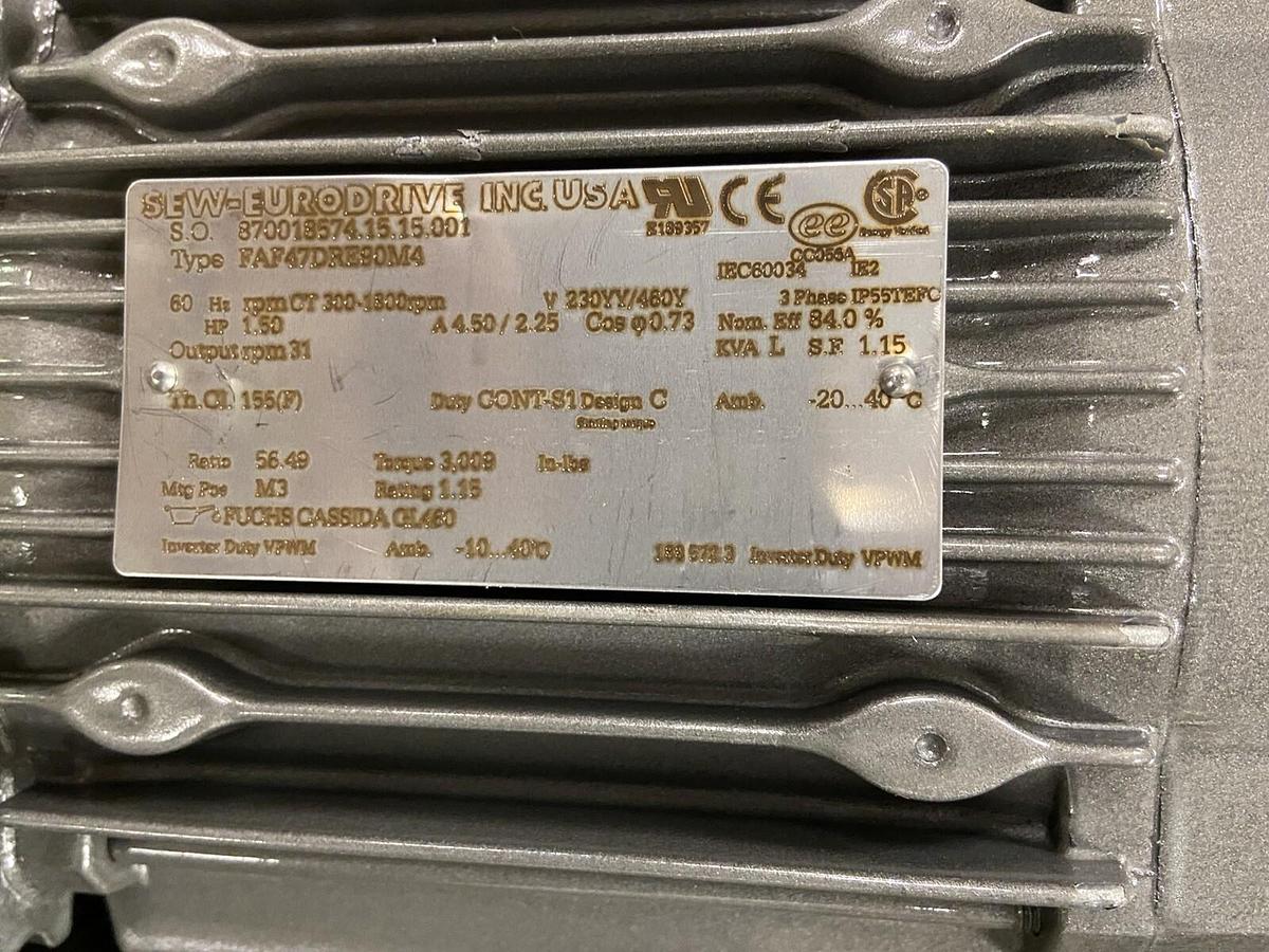 SEW Eurodrive,FAF47DRE90M4,Gearmotor 1-1/2Hp Ratio 56.49 Torq 3009 In-Lbs 31RPM