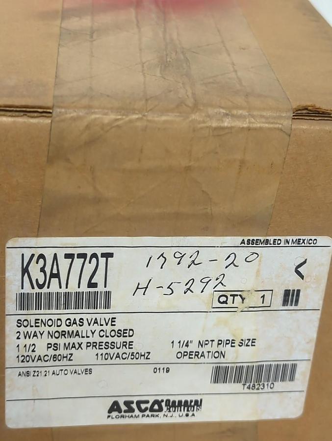 ASCO,K3A772T,2-WAY NORMALLY CLOSED SOLENOID GAS VALVE 1-1/4 INCH NPT NOS