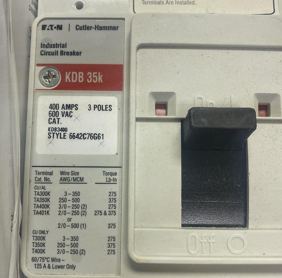 EATON CUTLER HAMMER,KDB3400,CIRCUIT BREAKER 400A 600V 3P NEW