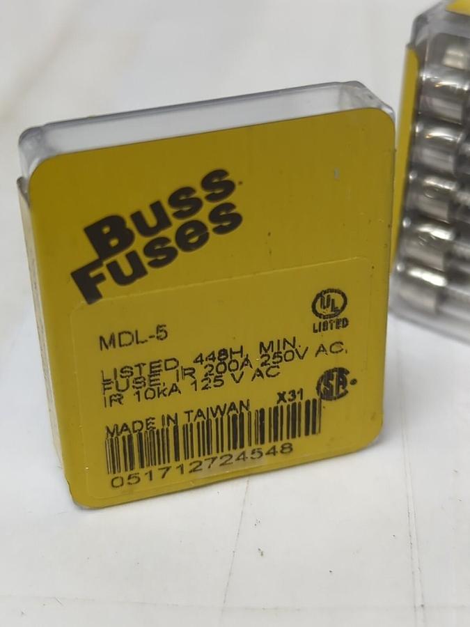 COOPER BUSSMANN,MDL-5,SMALL DEMINSION 5 AMP FUSES BOX OF 50 NEW