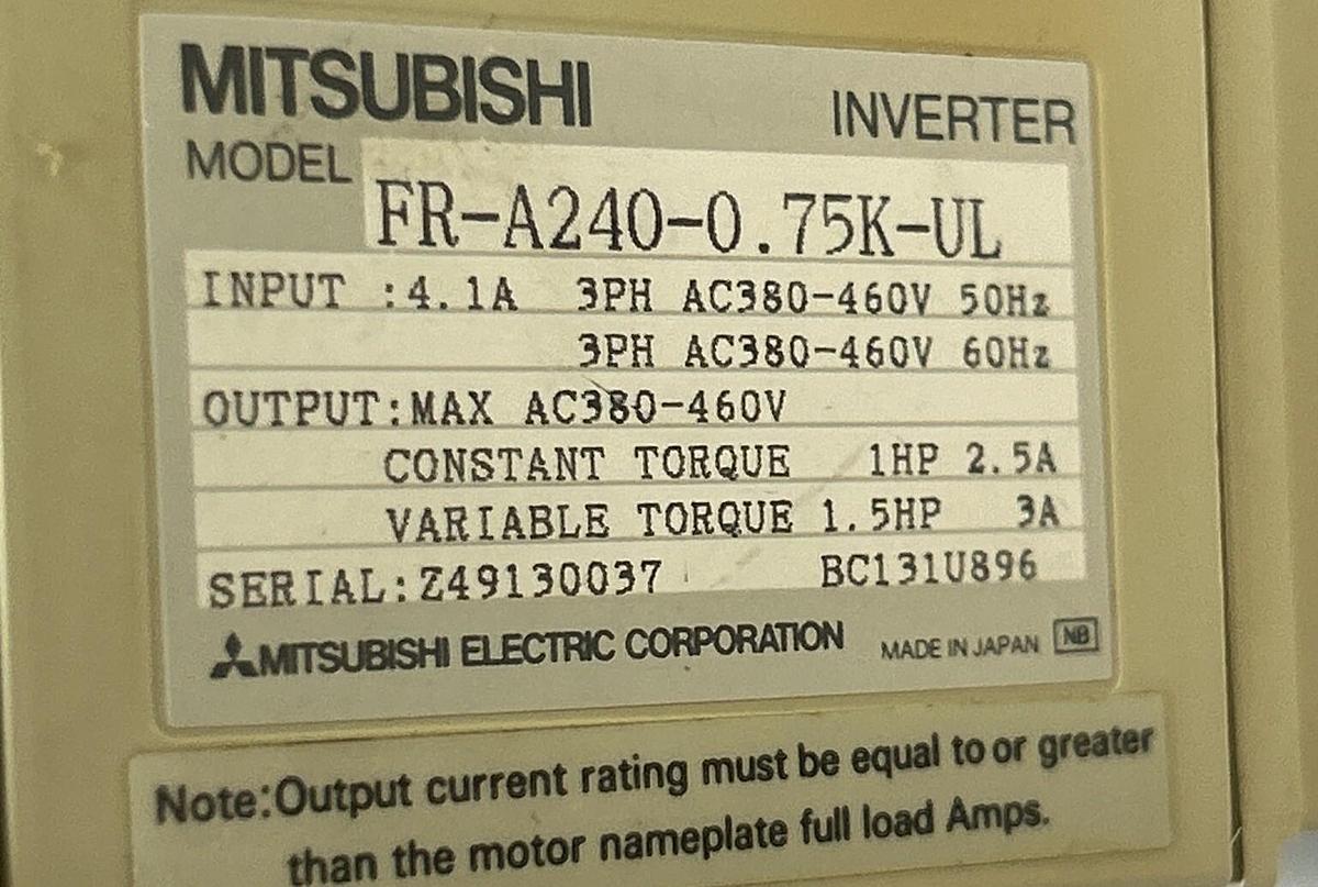 Used MITSUBISHI,FR-A240-0.75K-UL,AC DRIVE 380-460VAC 1HP