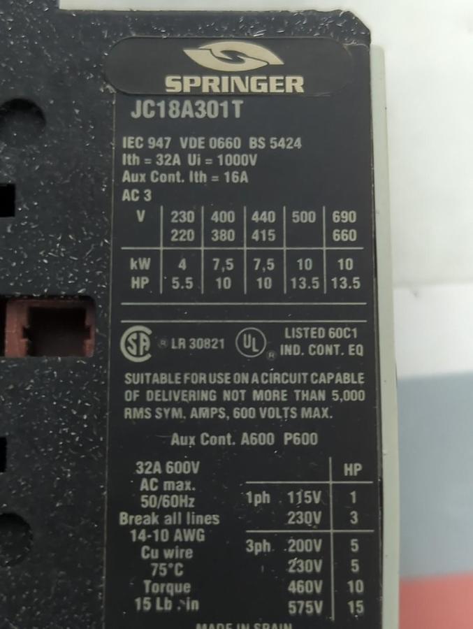 SPRINGER,JC18A301TJ,CONTACTOR 600V 32A MAX NOS