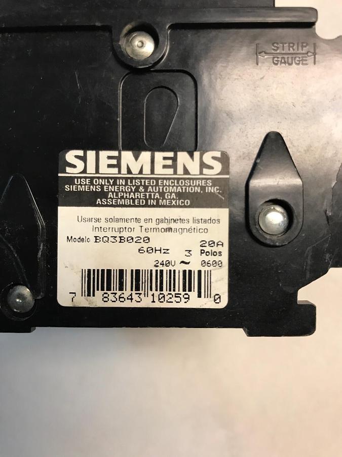 Used Siemens,BQ3B020,Circuit Breaker 20AMP 240V 3 pole