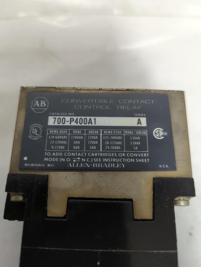 Used ALLEN BRADLEY,700-P400A1,RELAY W/700-PB20 PRE-OWNED
