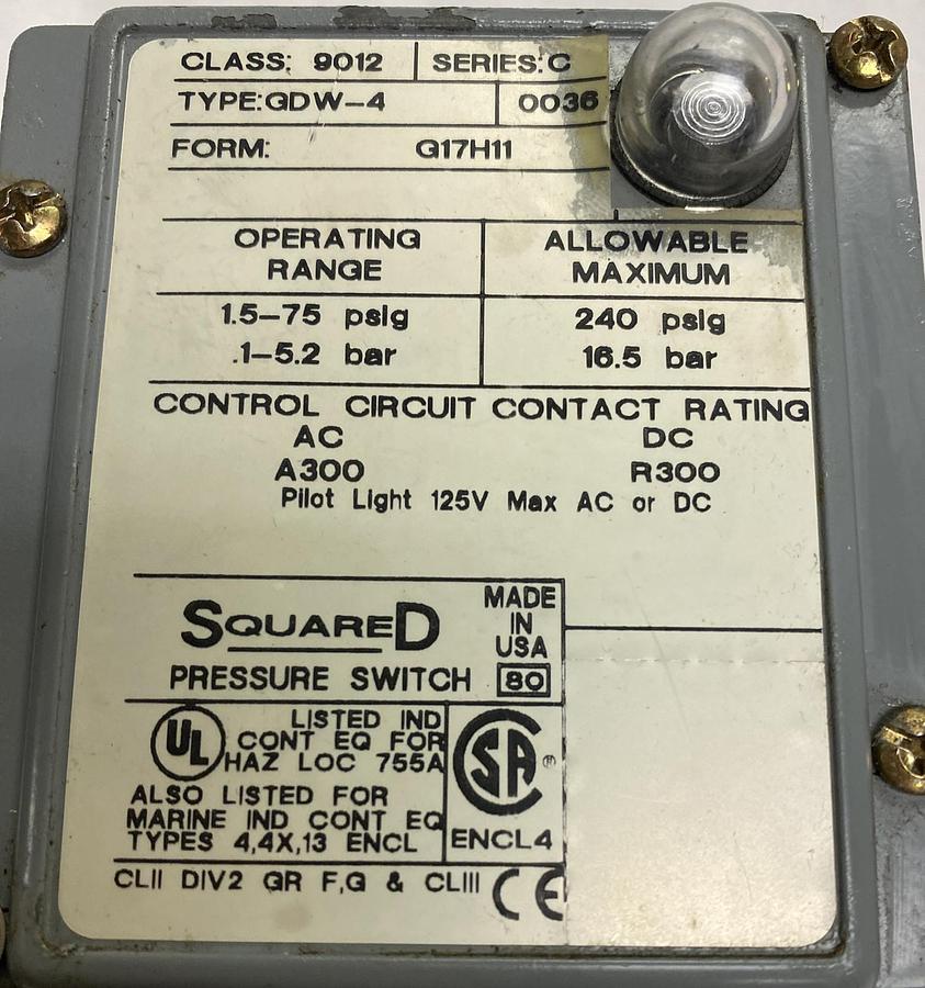 Used SQUARE D,9012-GDW4,PRESSURE SWITCH