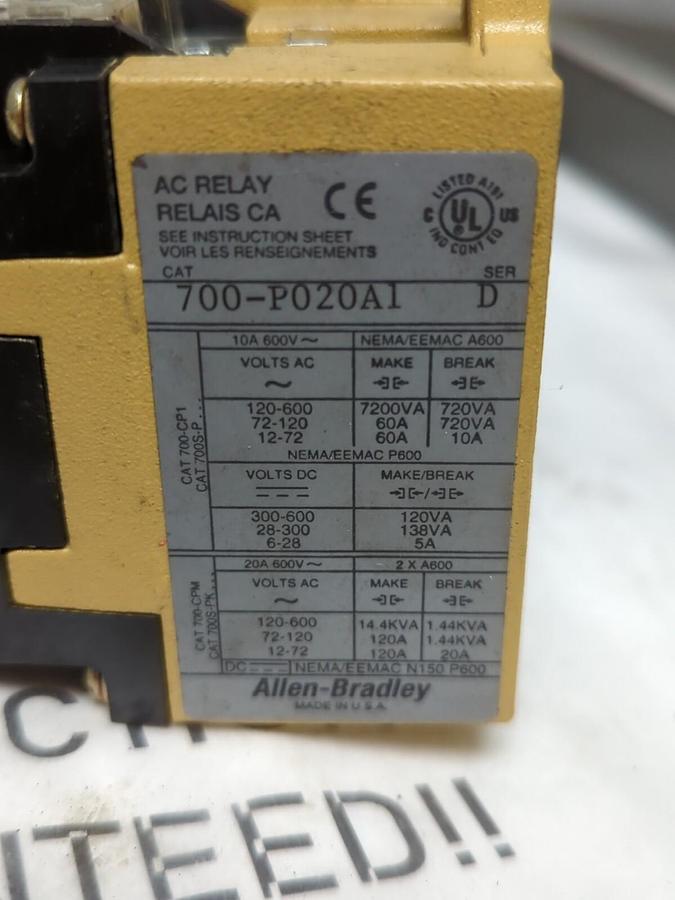 ALLEN BRADLEY,700-P020A1,YPE P SERIES D CONTROL RELAY