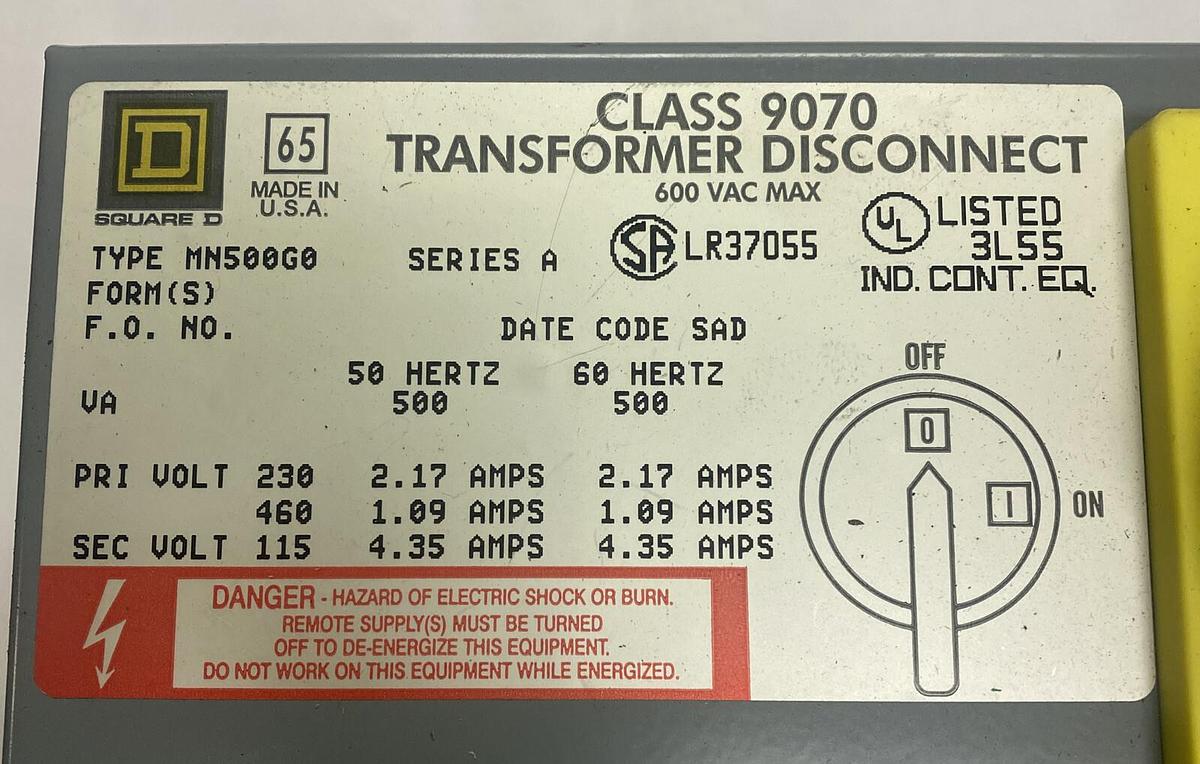 Used Square D,9070 MN500G0,Transformer Disconnect 500VA 230/460V 50/60Hz