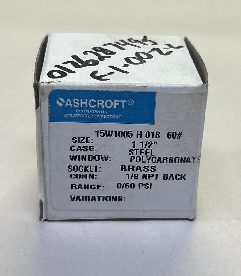 Used ASHCROFT,15W1005H01B60,PRESSURE GAUGE 0-60 PSI 1-1/2 INCH CASE 1/8INCH NPT NOS