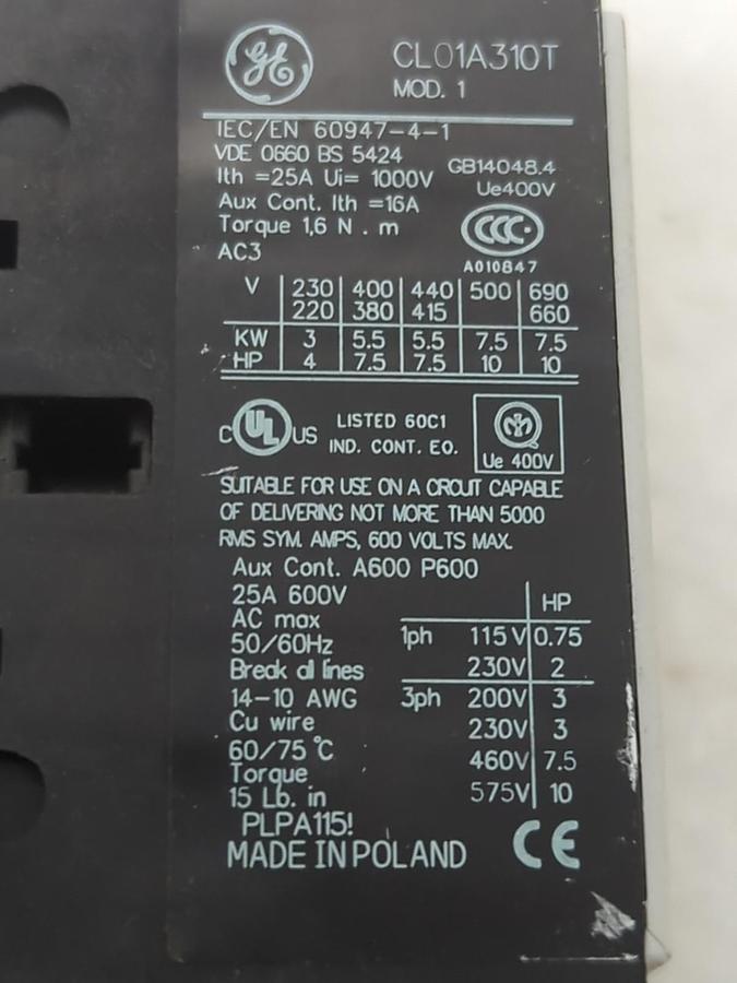 Used GENERAL ELECTRIC,CL01A310T,MAGNECTIC CONTACTOR PRE-OWNED