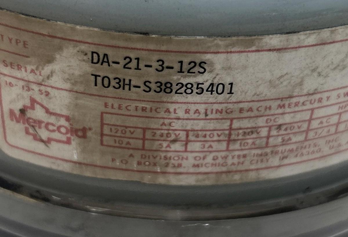 Used MERCOID,DA-21-3-12S,PRESSURE SWITCH