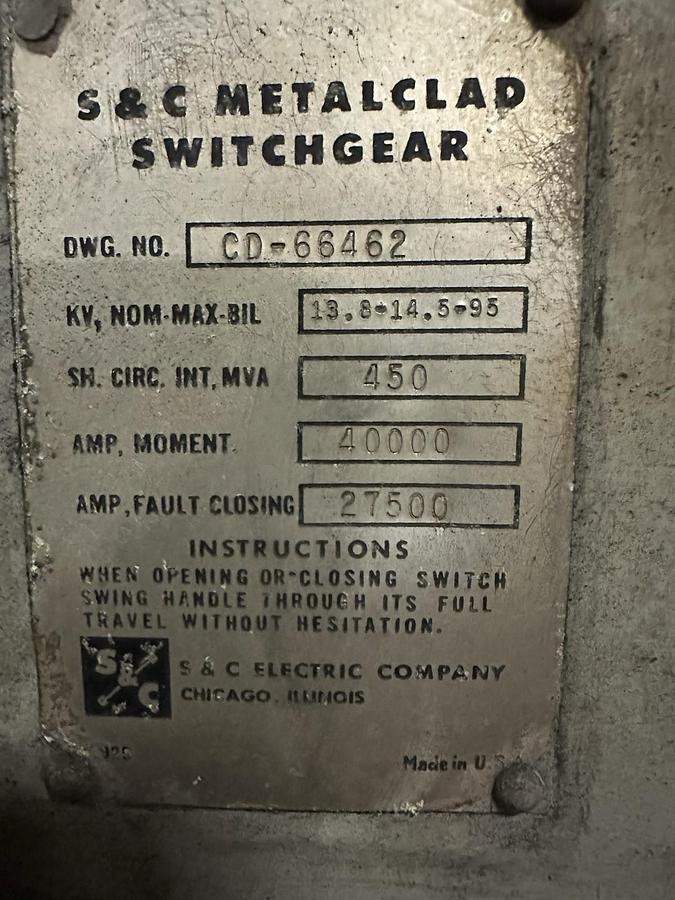 Used S&C Switchgear,CD-66462,13.8-14.5KV High Voltage Cabinet (w/o fuses)