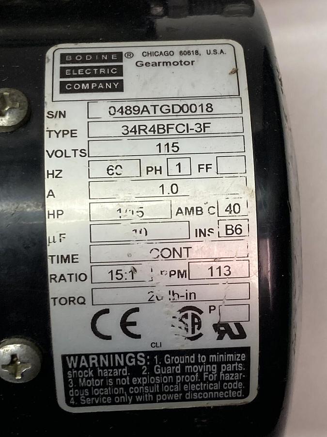 Used Bodine Electric,0489ATGD0018,1-Phase Gearmotor 115V 60HZ