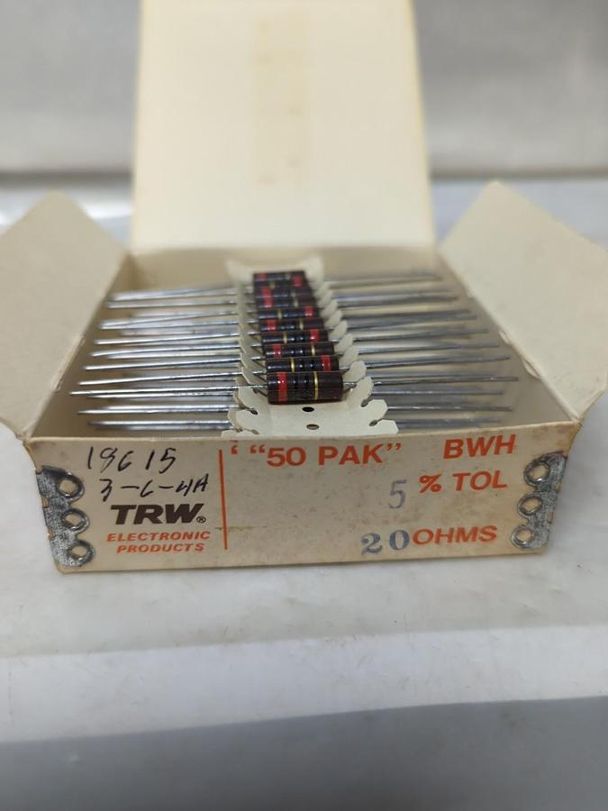 TRW,BWH-20,MOLDED WIREWOUND RESISTORS 20 OHMS 5% TOL BOX OF 50 PCS NOS