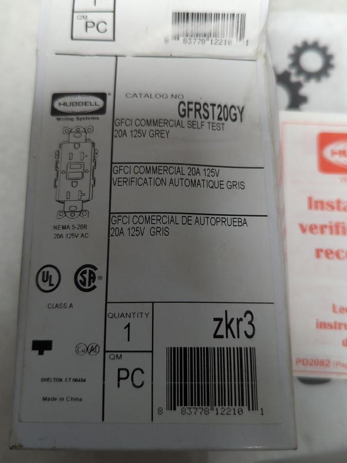 HUBBELL,GFRST20GY,GFCI RECEPTACLE 20 A 125 V GREY NEW