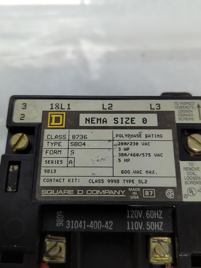 Used SQUARE D,836 SB94,REVERSING STARTER/CONTACTOR 600VAC SIZE 0 PRE-OWNED