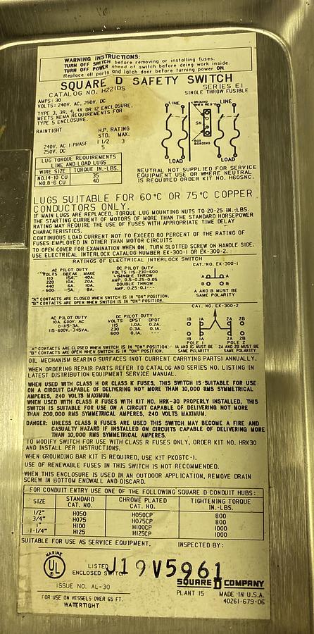 Used Square D,H221DS,Stainless Safety Switch 30AMP 240V
