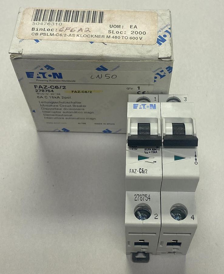 Used EATON,FAZ-C6/2,MINIATURE CIRCUIT BREAKER 6A 2P NEW