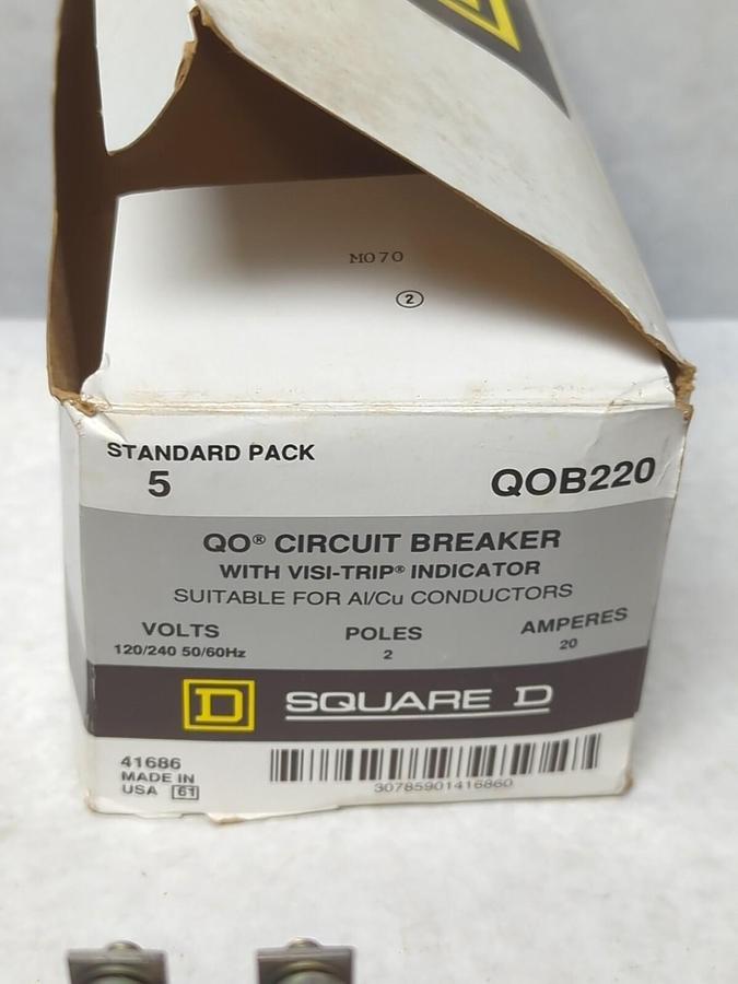 SQUARE D,QOB220,CIRCUIT BREAKERS 20 AMP 2-POLE 120/250V 50/60 HZ PACK OF 5 NEW