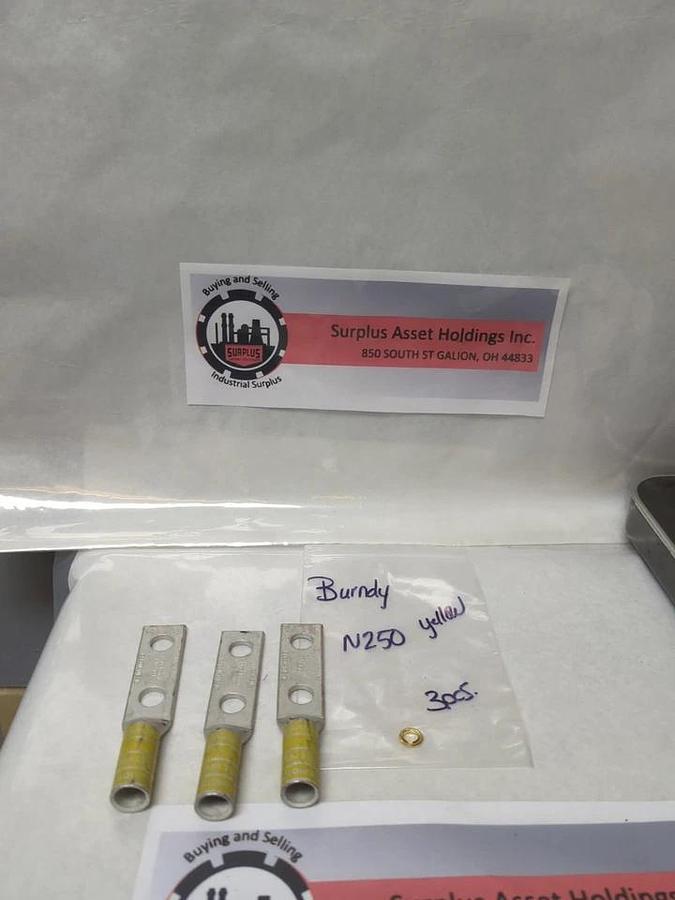 BURNDY,N250,COMPRESSION LUG 2-HOLE 250 KCMIL YELLOW DIE 16 LOT OF 3 NOS