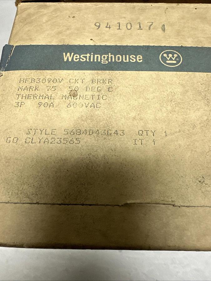 Westinghouse,HFB3090V,Circuit Breaker 90Amp 600VAC 3 Pole