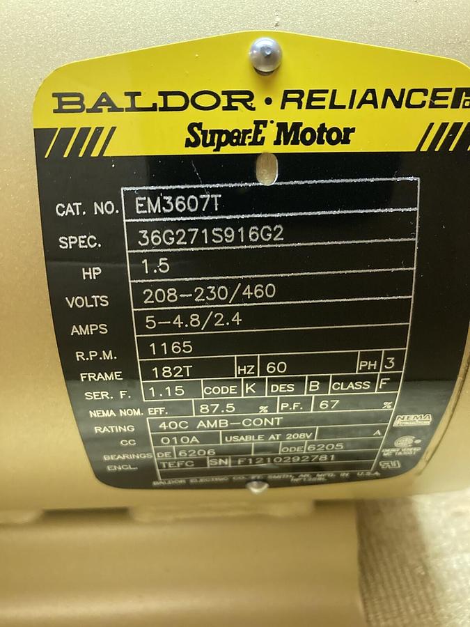 Baldor,EM3607T,3-Phase Motor 1.5HP 1165RPM 182T 208-230/460V
