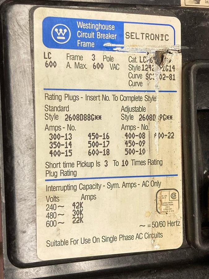 Used Westinghouse,2608D88G,3-Pole Circuit Breaker 600A 600Vac LC Frame