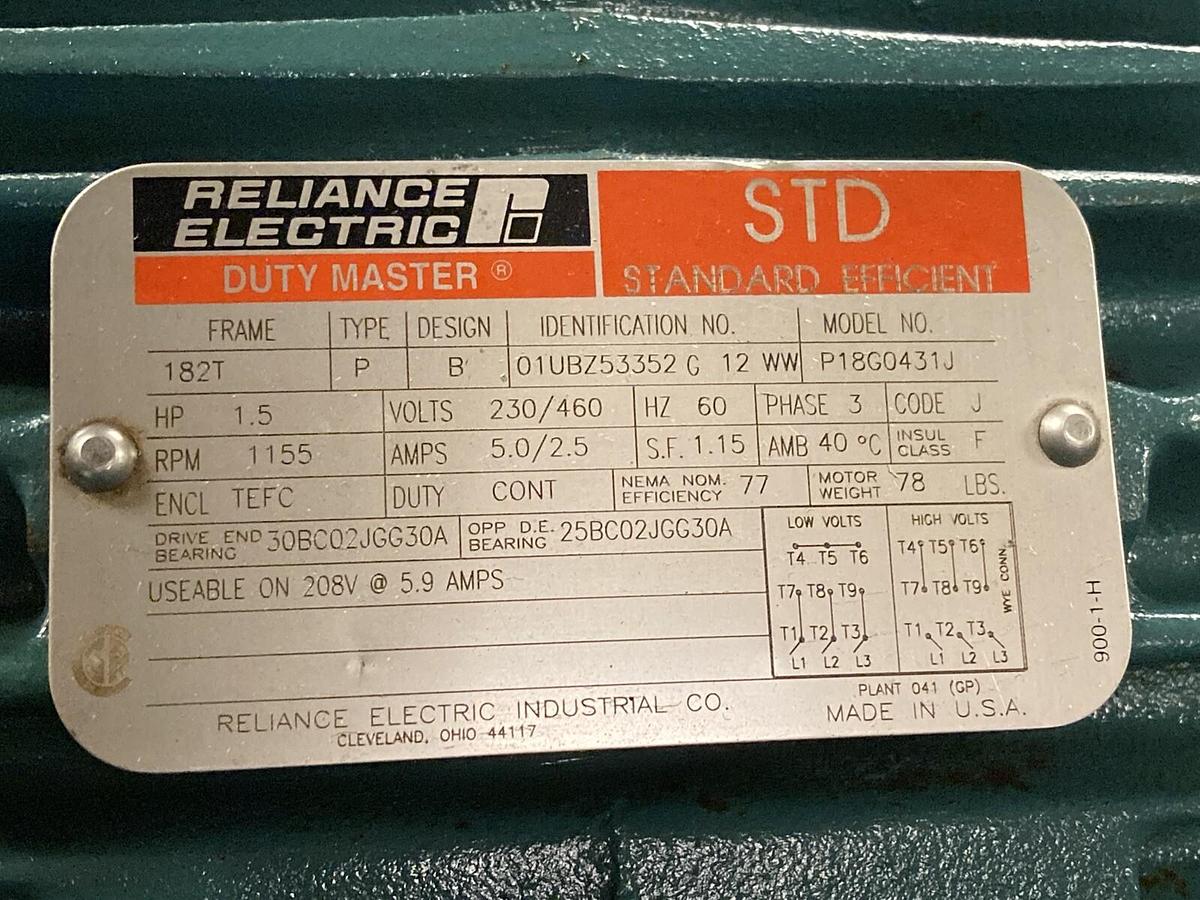 Reliance Electric,01UBZ53352,1.5hp Motor 284T 1770RPM 230/460 Volts 182T Frame