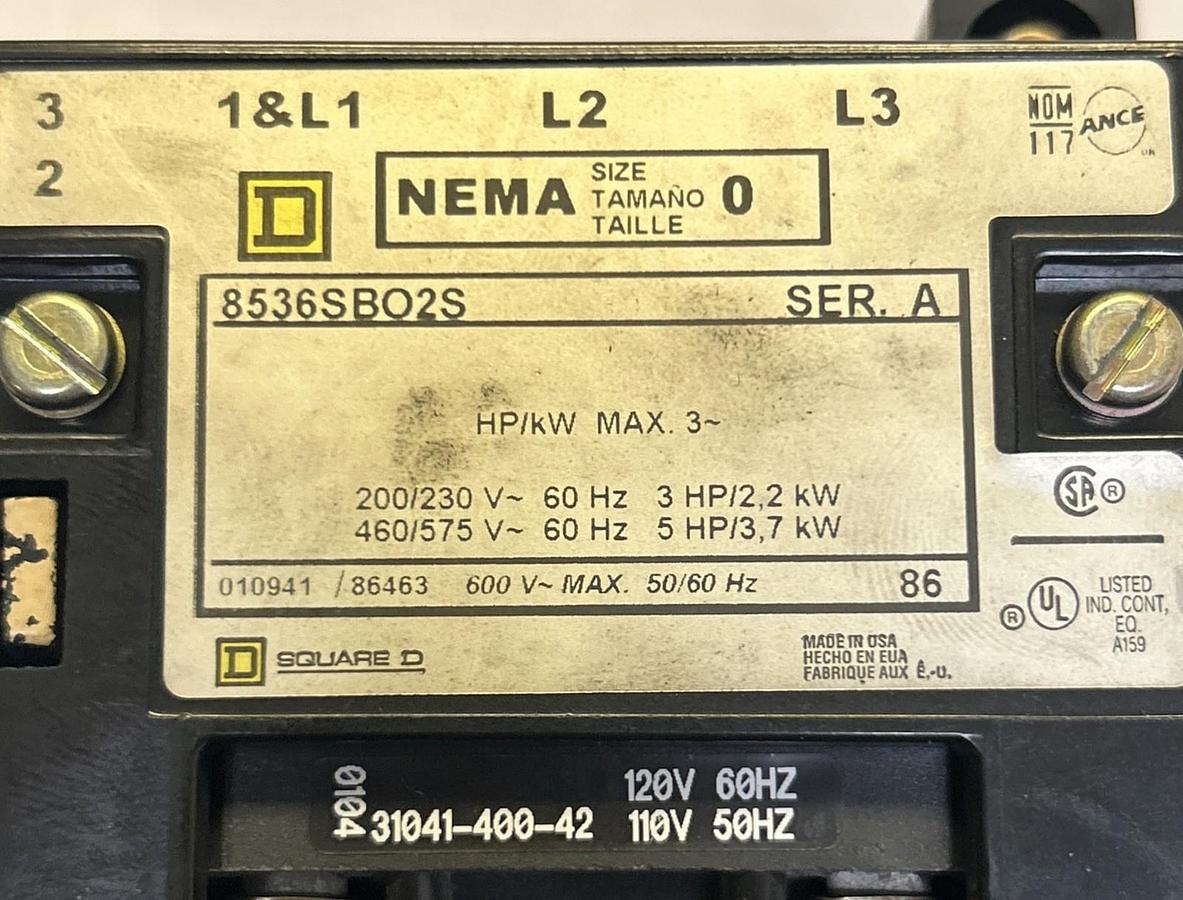 Used SQUARE D,8536SBO2S,STARTER SIZE 0 110/120V COIL