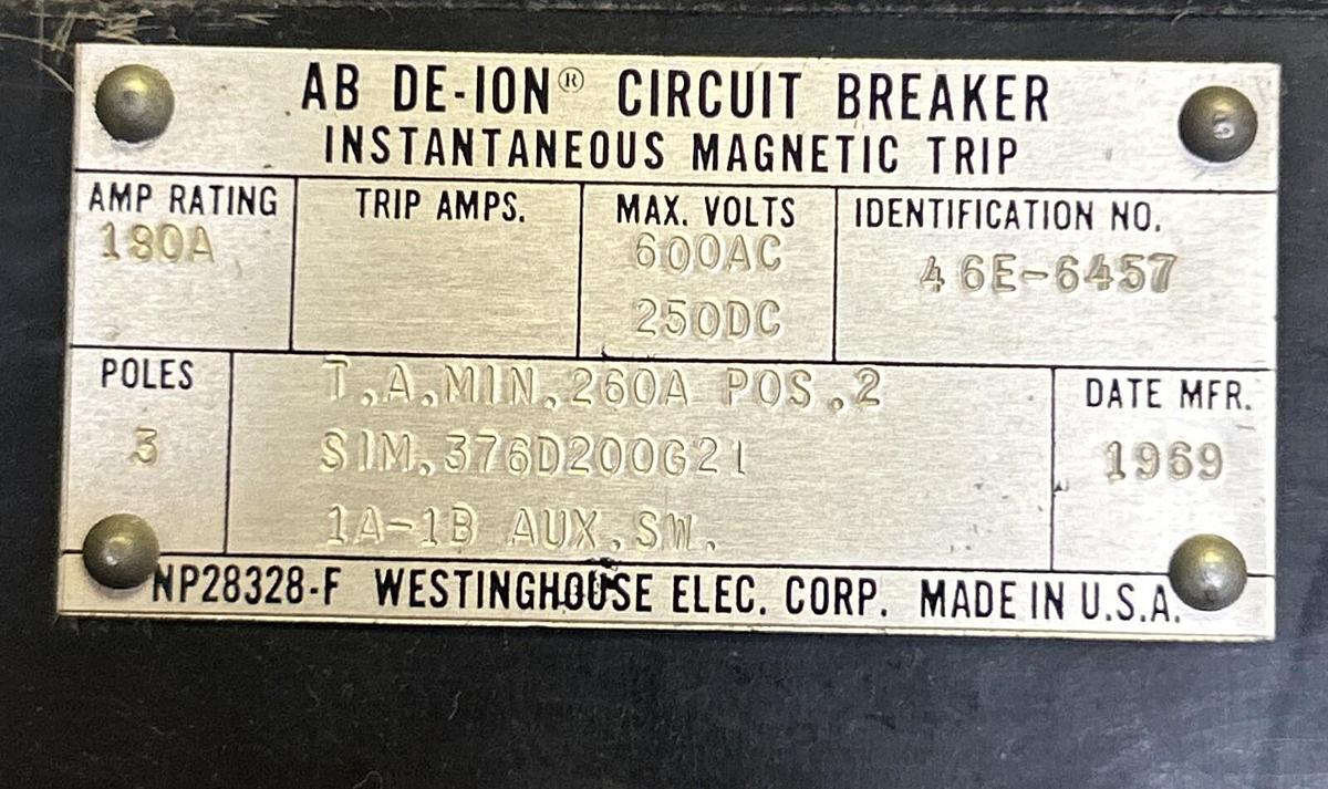 Used WESTINGHOUSE,NP28328-F,CIRCUIT BREAKER 180A 600V 3P