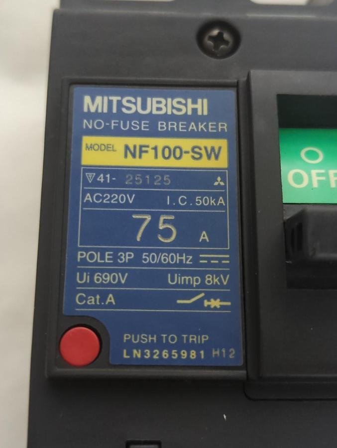 Used MITSUBISHI,NF100-SW,CIRCUIT BREAKER 75 AMP 3-POLE PRE-OWNED