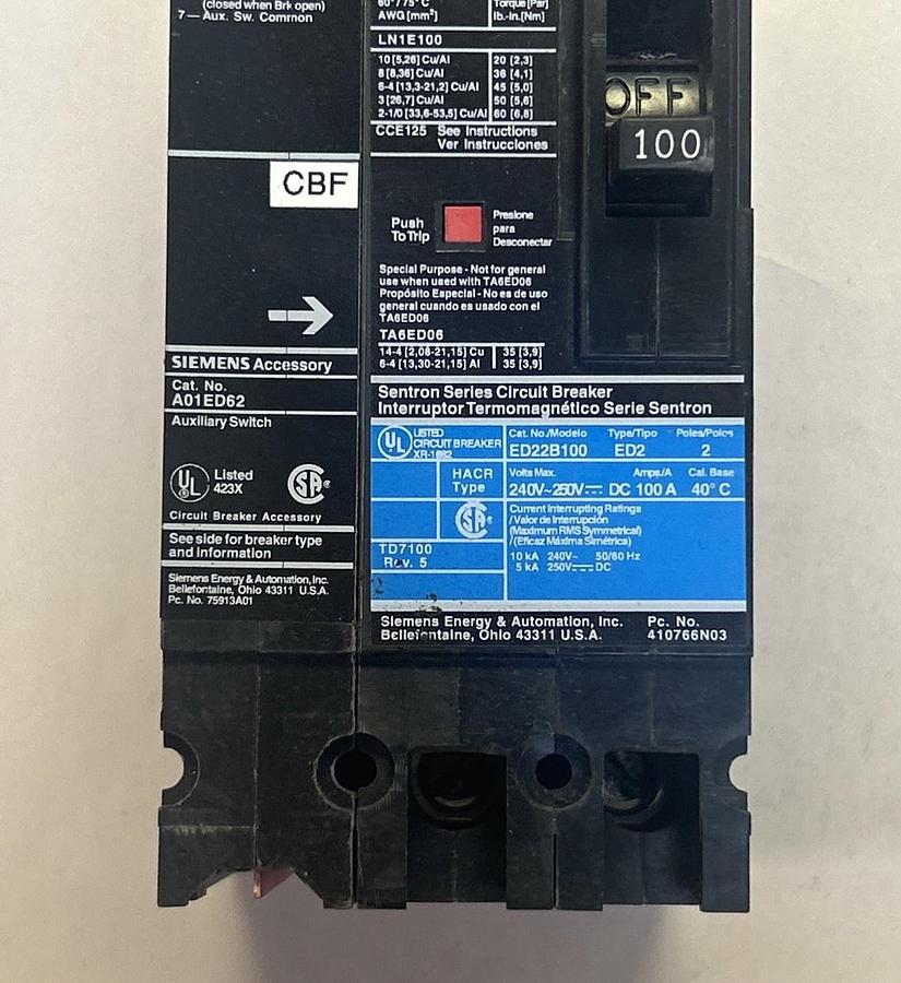 Used SIEMENS,ED22B100,CIRCUIT BREAKER 100A 240V 2P