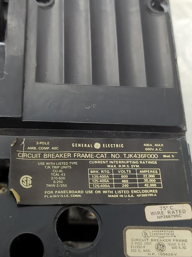 Used GE,TJK436F000,CIRCUIT BREAKER FRAM 400A 600V 3-POLE PRE-OWNED