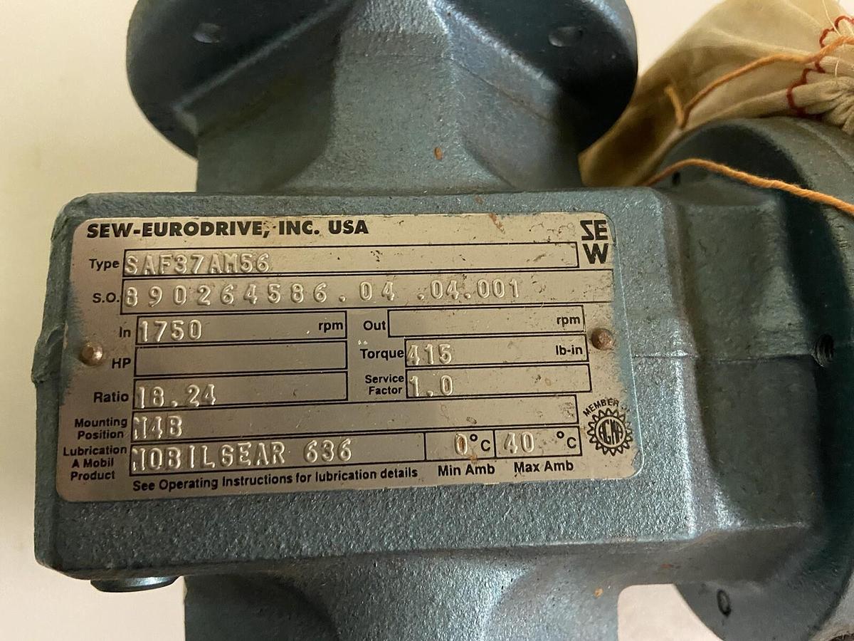 Used Sew-Eurodrive,SAF37AM56,Gear Reducer Ratio 18.24 Torque 415Ib-In