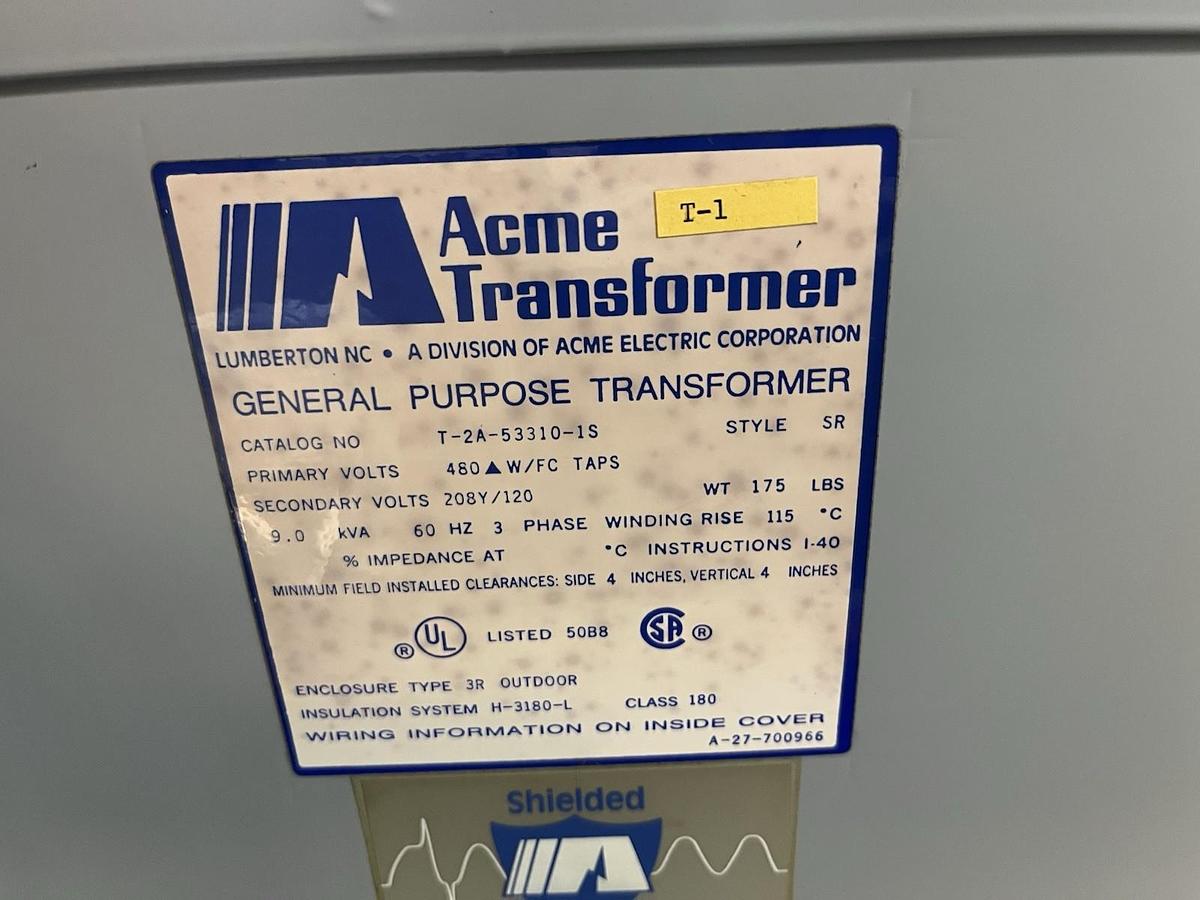 Used ACME,T-2A-53310-1S,TRANSFORMER 9KVA HV 480 DELTA LV 208Y/120V 3PH